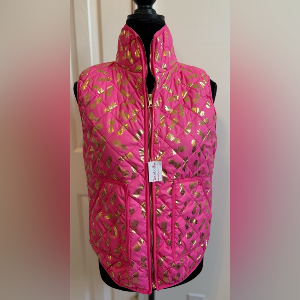 Pink Quilted Vest with Gold Pineapple Print